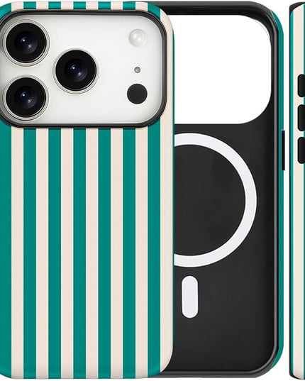 Magnetic for iPhone 17 Pro Max Case Cute Stripes Phone Case, Shockproof Slim TPU and Hard PC Protective Phone Cover Compatible with MagSafe Designed for Women Girls, Emerald Green