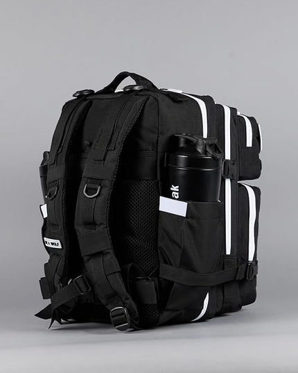 WOLFpak 35L Athletic Gym Backpack - Durable 1000D Waterproof Oxford Material with MOLLE Webbing, Laptop Pocket & Dual Cup Holders, Durable Fitness/Travel/Military Daypack (Alpha Black White Accents)