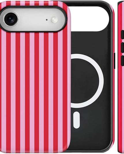 Magnetic for iPhone 17 Air Case Cute Stripes Phone Case, Shockproof Slim TPU and Hard PC Protective Phone Cover Compatible with MagSafe Designed for Women Girls, Pink and White