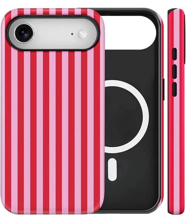 Magnetic for iPhone 17 Air Case Cute Stripes Phone Case, Shockproof Slim TPU and Hard PC Protective Phone Cover Compatible with MagSafe Designed for Women Girls, Pink and White
