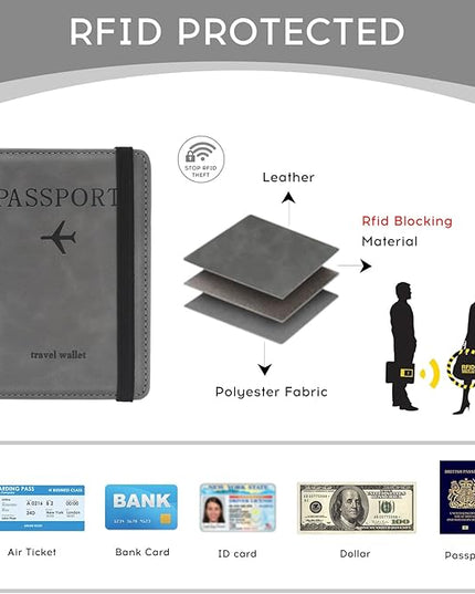 ILIYAH-Passport Cover-Passport Holder Travel Wallet-RFID Blocking Passport Case Travel Accessories Card Holder Wallet Unisex Travel Gifts（Grey）