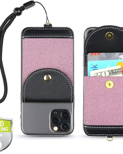 Cell Phone Wallet for Back of Phone with Wrist Strap, Stick On Wallet Credit Card ID Holder with RFID Protection Compatible with iPhone, Galaxy & Most Smartphones and Cases