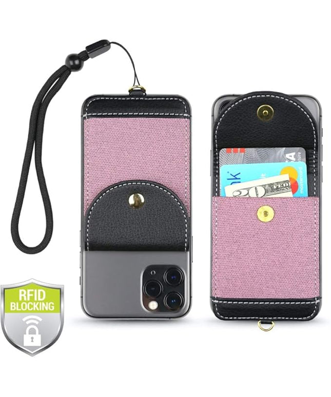 Cell Phone Wallet for Back of Phone with Wrist Strap, Stick On Wallet Credit Card ID Holder with RFID Protection Compatible with iPhone, Galaxy & Most Smartphones and Cases