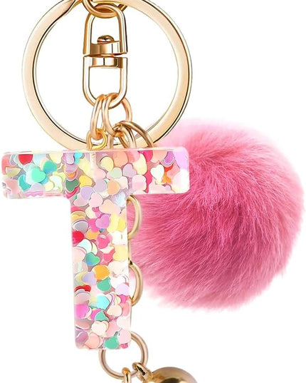 Resin Alphabet Initial Letter Keychain Keyring for Women Purse Handbags With Fur Ball Pom