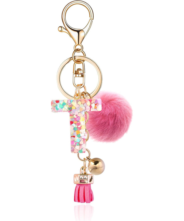 Resin Alphabet Initial Letter Keychain Keyring for Women Purse Handbags With Fur Ball Pom