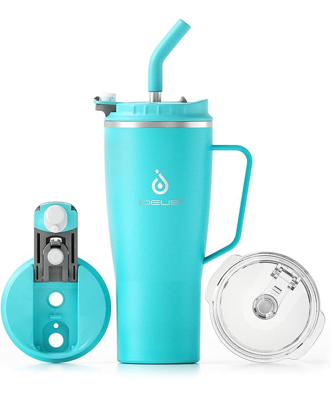 Ideus 32 oz Tumbler with Handle and Straw, Vacuum Insulated Stainless Steel Travel Mug, 100% Leakproof, Cup Holder Friendly, Sky Blue