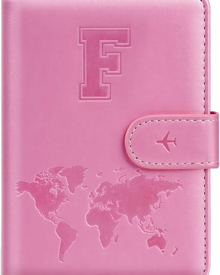 Passport Holder Cover Initail Letter A-Z Travel Wallet Embossed Design RFID Blocking Card Holder Personalized Gift Passport Cover Wallet, Passport Book Holders for Women and Girls, Pink-F