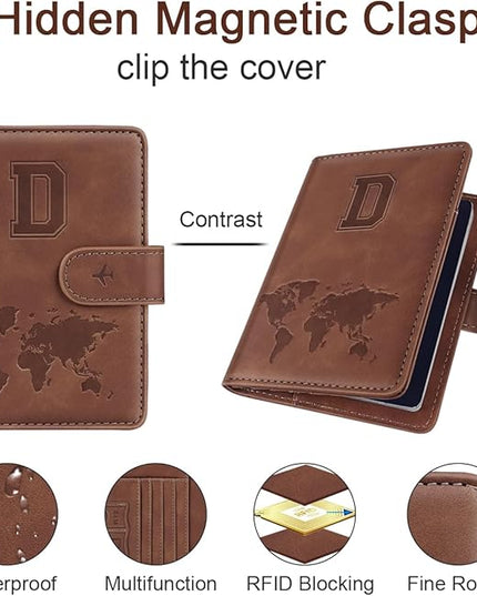 Passport Holder Wallet Cover Personalized Letter A-Z Travel Wallet RFID Blocking Passport Cover Wallet Case for Travel Passport Book Holders for Women and Men, Brown-D