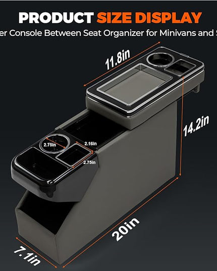 Center Console Between Seat Organizer for Minivans, SUVs, with Phone Holder & Cup Holders for Minivan &SUVs, Middle Van Floor Console Organizer Storage Box- Gray