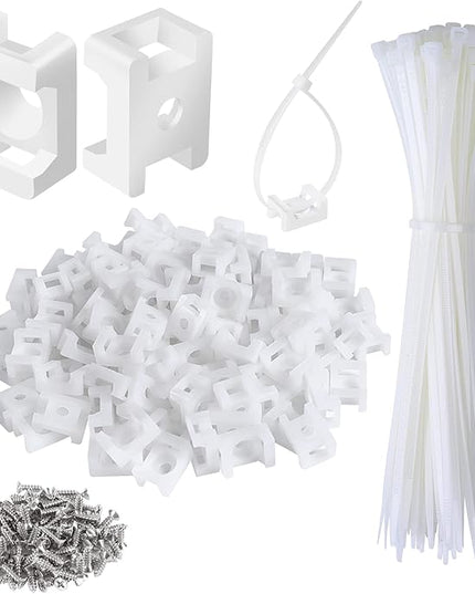 100 Pcs Cable Zip Tie Saddle Type Mounts Base with 8" Cable Ties Tapping Screw, Wire Cable Clips Organizer Holders Clamps White