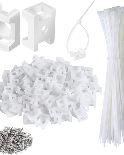 100 Pcs Cable Zip Tie Saddle Type Mounts Base with 100 Pcs 8" Cable Ties and 100 Pcs Tapping Screw, Wire Cable Clips Organizer Holders Clamps White