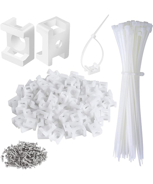 100 Pcs Cable Zip Tie Saddle Type Mounts Base with 100 Pcs 8" Cable Ties and 100 Pcs Tapping Screw, Wire Cable Clips Organizer Holders Clamps White