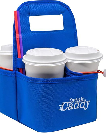 Drink Caddy Portable Drink Carrier and Reusable Coffee Cup Holder - 4 Cup Collapsible Tote Bag with Organizer Pockets Safely Secures Hot and Cold Beverages (Blue)