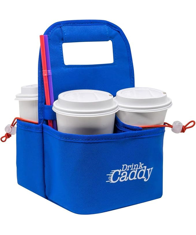 Drink Caddy Portable Drink Carrier and Reusable Coffee Cup Holder - 4 Cup Collapsible Tote Bag with Organizer Pockets Safely Secures Hot and Cold Beverages (Blue)