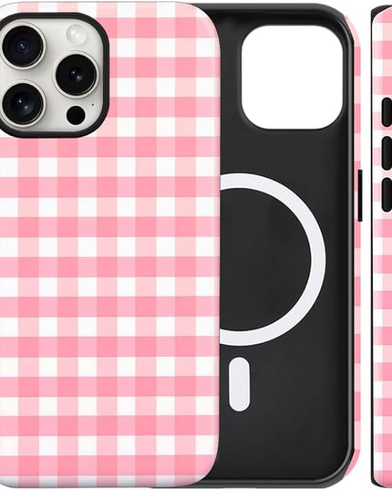 Magnetic for iPhone 13/14 Case Cute Checkered Stripes Phone Case for Women Girls, Shockproof Slim TPU and Hard PC Protective Phone Cover Compatible with MagSafe Designed, Red