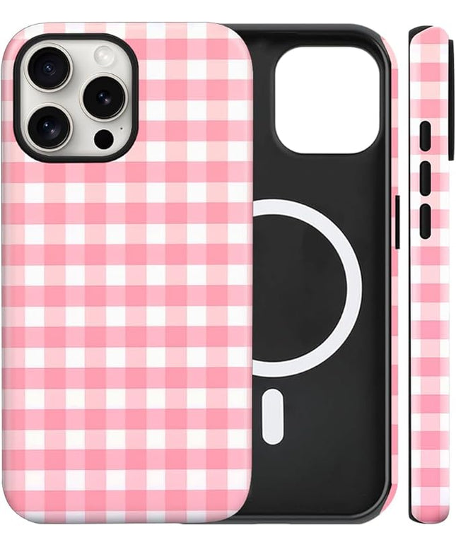 Magnetic for iPhone 15 Pro Case Cute Checkered Stripes Phone Case for Women Girls, Shockproof Slim TPU and Hard PC Protective Phone Cover Compatible with MagSafe Designed, Red