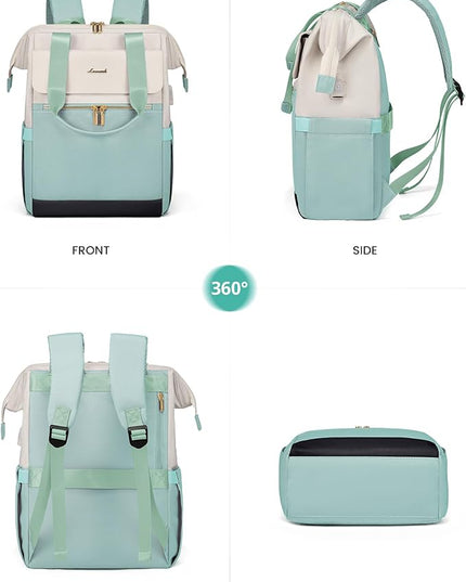 LOVEVOOK Laptop Backpack for Women, 15.6 Inch Work Laptop Bag with USB Port, Fashion Teacher Nurse Backpack Purse, Waterproof Travel Computer Backpack with Organizer Bag, 2PCS, Beige-Mint Green