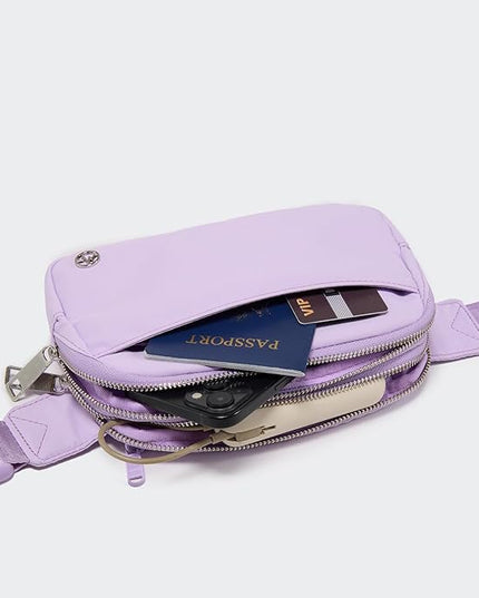 Pander Everywhere Belt Bag for Women, 5 Zipper Pockets Nylon Crossbody Fanny Pack Purse (Lilac Purple).