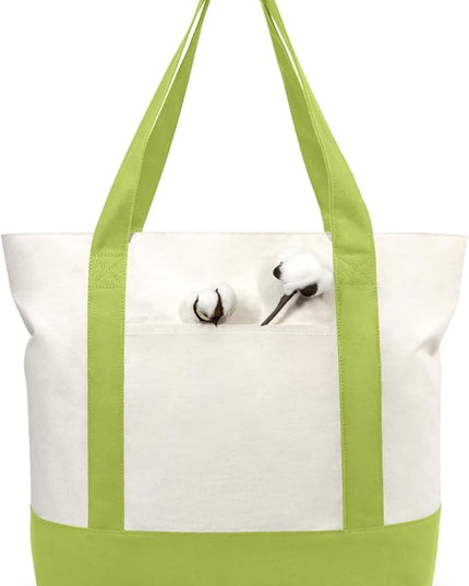 TOPDesign 1-Pack Canvas Tote Bag with an External Pocket, Reusable Grocery Shopping Bag, Top Zipper Closure, Daily Essentials (Light Green/Natural)