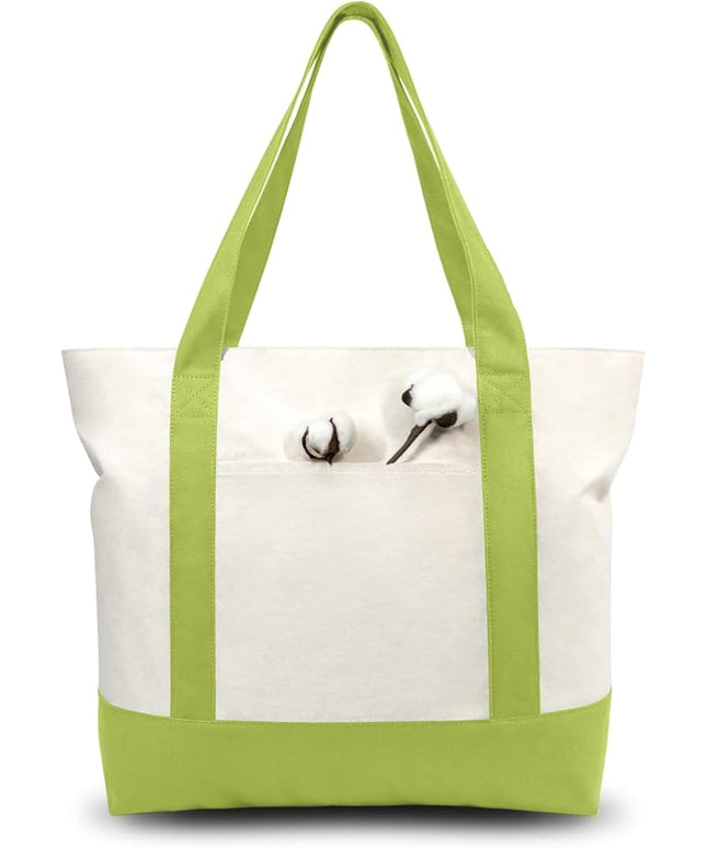 TOPDesign 3-Pack Canvas Tote Bags with an External Pocket, Reusable Grocery Shopping Bags, Top Zipper Closure, Daily Essentials (Light Green/Natural)