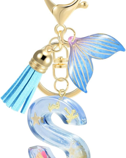 Initial letter Keychains for Women, Ocean Series Avowing Protect Earth Environment, Tassel Cute Car Keychain Initial Key Chain Keyring for Bookbag Handbag Backpack Charm Key Ring Unisex (Letter S)