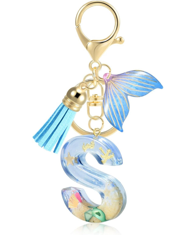 Initial letter Keychains for Women, Ocean Series Avowing Protect Earth Environment, Tassel Cute Car Keychain Initial Key Chain Keyring for Bookbag Handbag Backpack Charm Key Ring Unisex (Letter S)