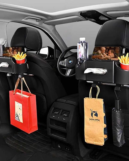 Back Seat Car Organizer,4 in 1 Multifunctional Car Back Seat Storage Box with Drink Cup Holder Tissue Box, for Hold Phone,Snacks, Drinks, Handbag-Black