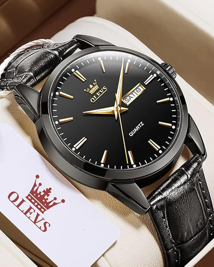 OLEVS Watches for Men Brown Leather Gold Case Analog Quartz Fashion Business Dress Watch Day Date Luminous Waterproof Casual Male Wrist Watches