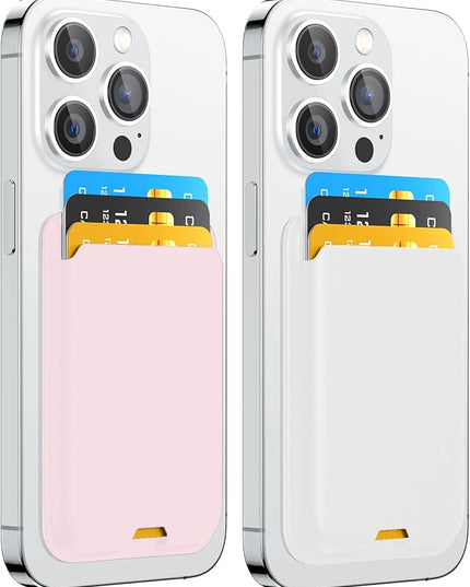 2 Pack Phone Card Holder, Premium Leather Wallet Stick on, Adhesive Credit Card Holder for Case, Sticky Wallet for Back of Cover, Android Cell Phone, iPhone, Fit 4 Cards, White&Baby Pink