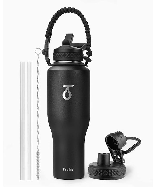 Trebo 40 oz Insulated Water Bottle that Fits in Car Cup Holder,Triple Wall Stainless Steel Water Bottles Insulated,LeakProof,Keep 48 hrs Cold & 24 hrs Hot,Metal Tumbler with Paracord Handle,Straw