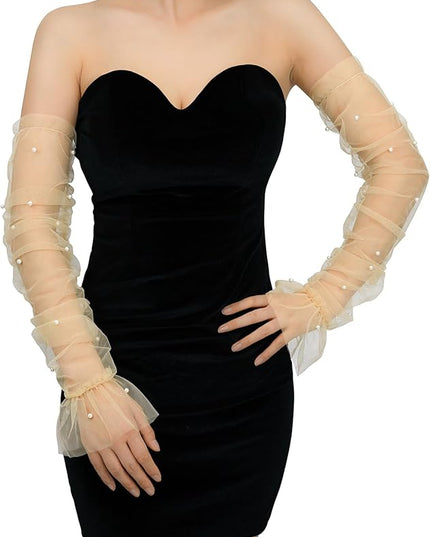 Women's Long Bridal Wedding Tulle Glove Mesh Fingerless Gloves Pearl 1920 Opera Tea Party Sheer Gloves