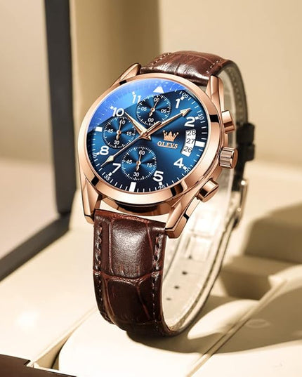 OLEVS Men's Watches Leather Strap Analog Quartz Watch, Fashion Big Dial Date Waterproof Watch, Dress Luxury Luminous Men Watches