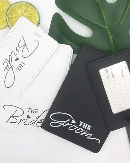 2 Pcs Bride and groom luggage tags + 2 Pcs passport cover, couple passport holder for honeymoon Wedding Bridal Shower Gift
