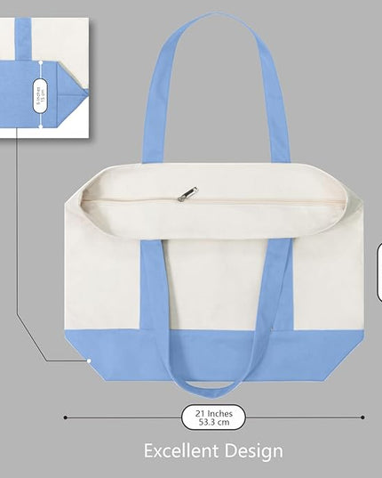 TOPDesign 6-Pack Canvas Tote Bags with an External Pocket, Reusable Grocery Shopping Bags, Top Zipper Closure, Daily Essentials (Light Blue/Natural)