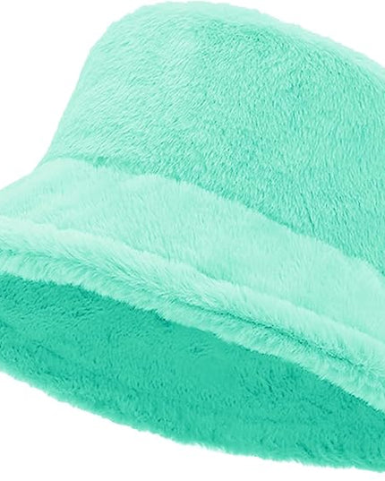 Women Plush Fluffy Bucket Hat Warm Lining Winter Faux Fur Cozy Wide Brim Winter