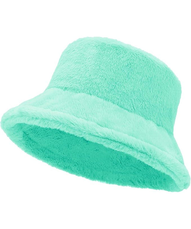 Women Plush Fluffy Bucket Hat Warm Lining Winter Faux Fur Cozy Wide Brim Winter