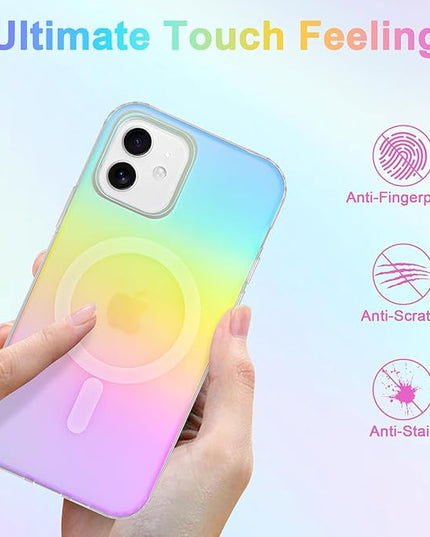 Cute Case for iPhone 12 & 12 Pro Case for Women Girls [Compatible with Magsafe] Glitter Sparkly Girly Aesthetic Rainbow Magnetic Protective Cover, Translucent Iridescent Blue & Pink