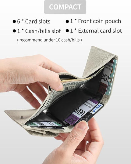 Unisex RFID Genuine Leather Wallet Compact Trifold with Coin Pouch & Card Slots Black (Grey Beige)