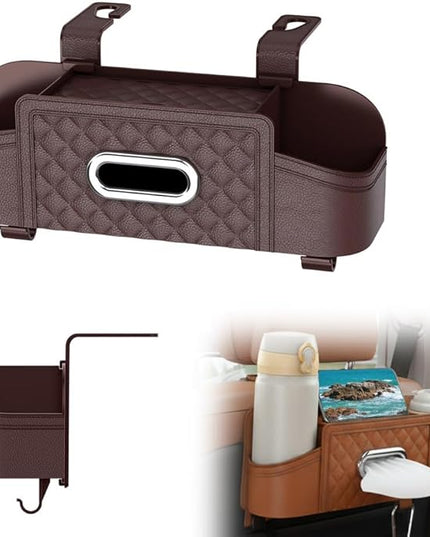3-in-1 Car Backseat Organizer, Multifunctional Back Seat Car Organizer, Storage Box with Drink Cup Holder Tissue Box, for Hold Phone,Snacks, Drinks, Handbag (Brown)