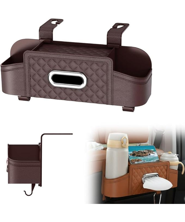 3-in-1 Car Backseat Organizer, Multifunctional Back Seat Car Organizer, Storage Box with Drink Cup Holder Tissue Box, for Hold Phone,Snacks, Drinks, Handbag (Brown)