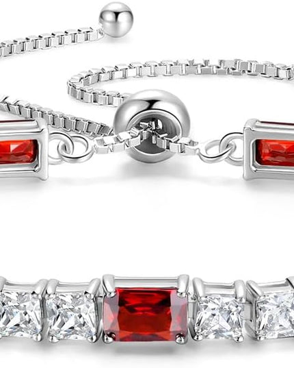 FANCIME Birthstone Bracelet for Women, Sterling Silver 4x6mm Gemstone Tennis Bracelet Bolo Adjustable Chain Fine Jewelry Birthday Gifts for Women Mom Wife Her