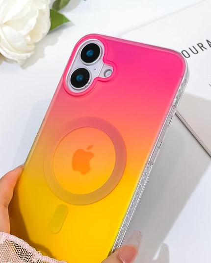 Aesthetic Case for iPhone 16 Case for Women Girls, Compatible with Magsafe, Cute Girly Trendy Glitter Sparkly Rainbow Magnetic Protective Phone Cover, Matte Iridescent Red & Yellow