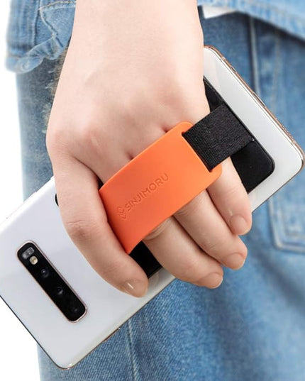 Sinjimoru Phone Grip Card Holder with Phone Stand, Secure Stick on Wallet for iPhone with Kickstand for Table. Sinji Pouch B-Grip Silicone Clementine