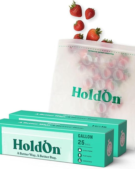 HoldOn HoldOn Zipseal Gallon Bags - Compostable, PFOA-Free, BPA-Free, Food-Safe Zip Seal Food Storage Bags/Freezer-Safe Gallon Bags With Secure Seal for Home & Travel (2-pack, 50 bags total)