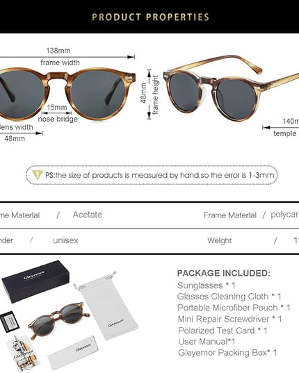 Gleyemor Vintage Polarized Sunglasses for Men Round Sunglasses UV400 Protection Retro Hand-crafted Acetate Frame