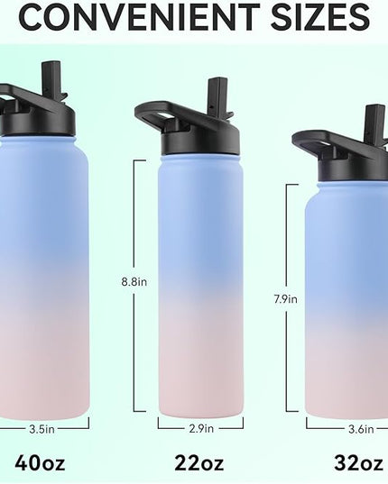 DOMICARE Insulated Water Bottle, 22 oz Vacuum Insulated Stainless Steel Reusable Sports Bottle with Straw Lid & Spout Lid for Travel, Camping, Bike, Leakproof, Blue/Pink, 8 Pack