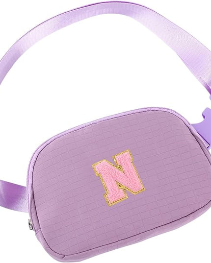 Glratn Initial Letter Patch Belt Bag Fanny Pack Crossbody Bag for Girls, Birthday Gifts for 4 5 6 7 8 9 10 11 12 13 Year Old Girls,Easter Purse Gifts for Teens Kids (Purple-N)