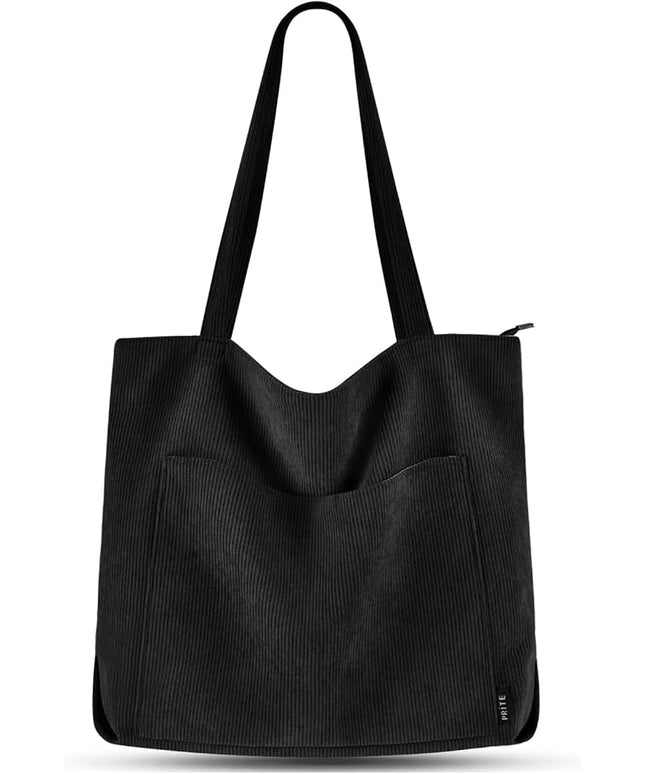Prite Corduroy Tote Bag for Women Large Shoulder Bag with Zipper and Pockets for College Work Travel Shopping