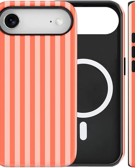 Magnetic for iPhone 17 Air Case Cute Stripes Phone Case, Shockproof Slim TPU and Hard PC Protective Phone Cover Compatible with MagSafe Designed for Women Girls, Deep Orange