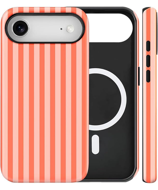 Magnetic for iPhone 17 Air Case Cute Stripes Phone Case, Shockproof Slim TPU and Hard PC Protective Phone Cover Compatible with MagSafe Designed for Women Girls, Deep Orange